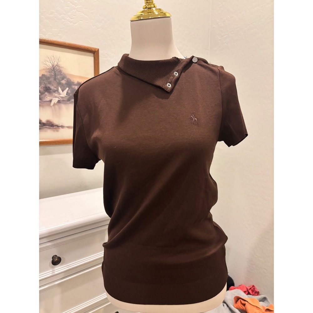Ralph Lauren Golf Brown Sweater Mock Neck Asymmetrical Snap Button Short Sleeve